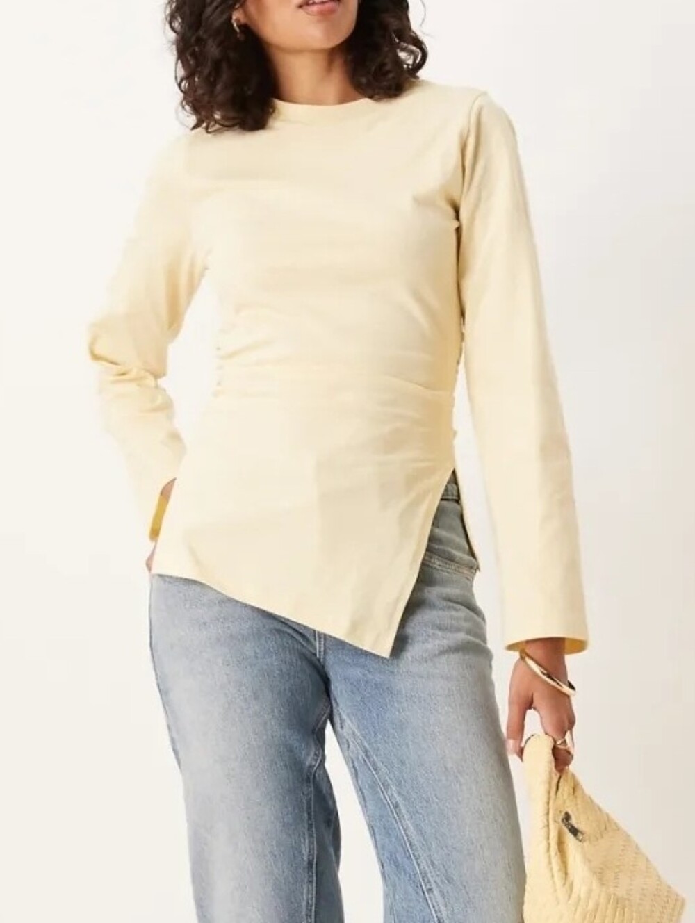 🆕️ ASOS Asymmetric Hem Long Sleeve Ruched Side Top - Butter Yellow